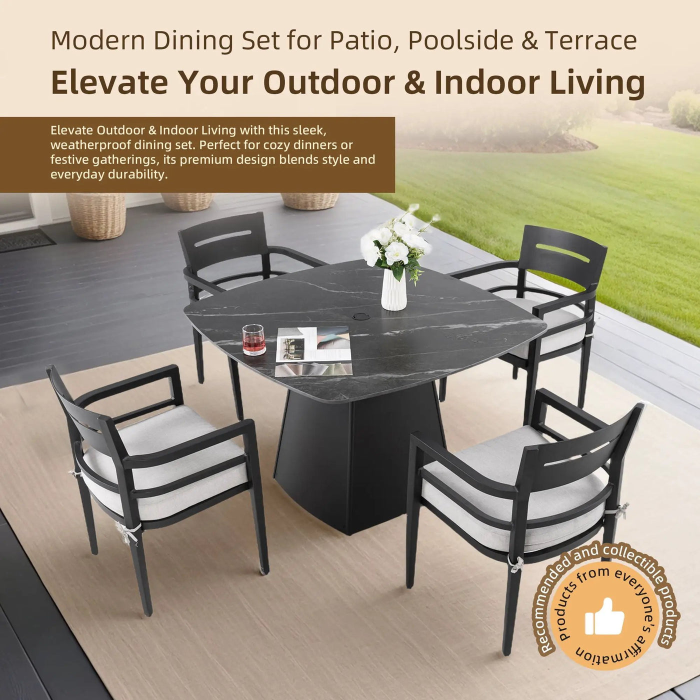 Outdoor Patio Dining Set, Squircle Dining Table, Dining Chairs With Sunbrella Cushions by Unique Piece Furniture