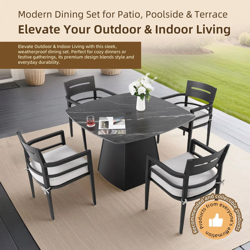 Outdoor Patio Dining Set, Squircle Dining Table, Dining Chairs With Sunbrella Cushions by HouseOfZazla