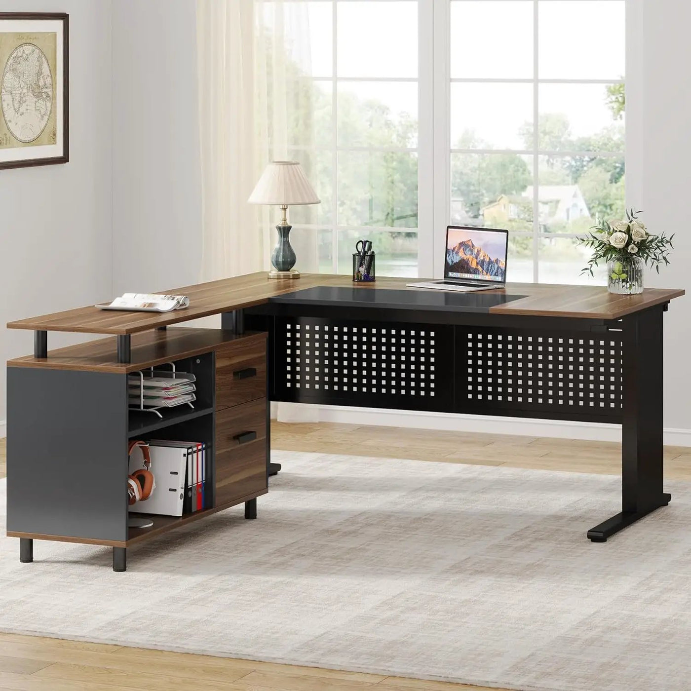 L-Shaped Executive Desk With File Cabinet, Office Workstation With Drawers, Shelves & Storage by HouseOfZazla