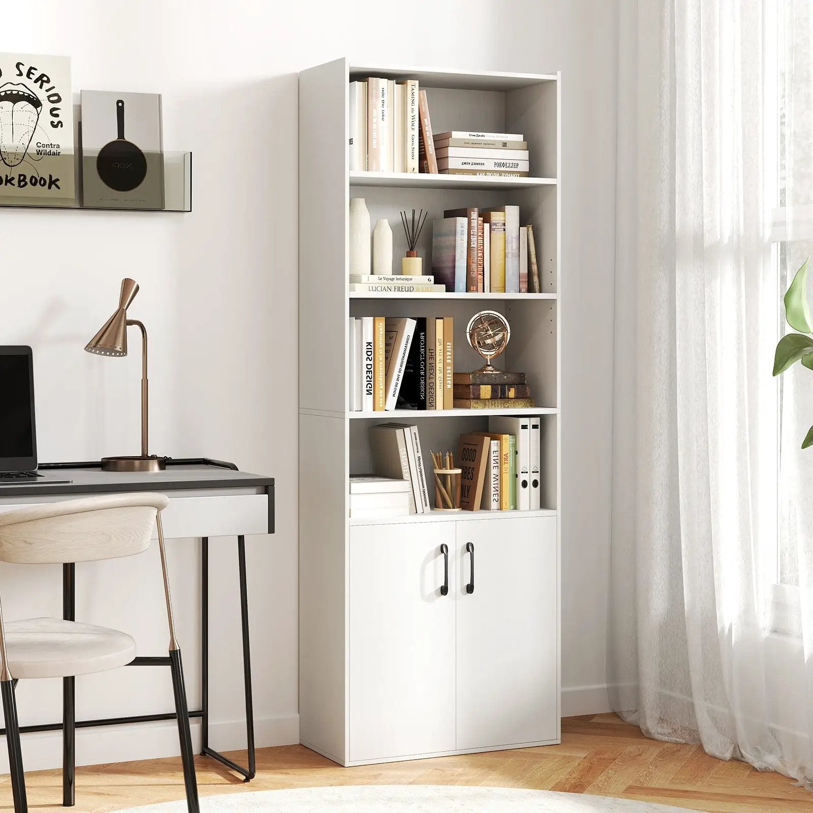70 Inch Bookcase 6-Tier with Adjustable Shelves and 2-Door Cabinet by DirectDeals