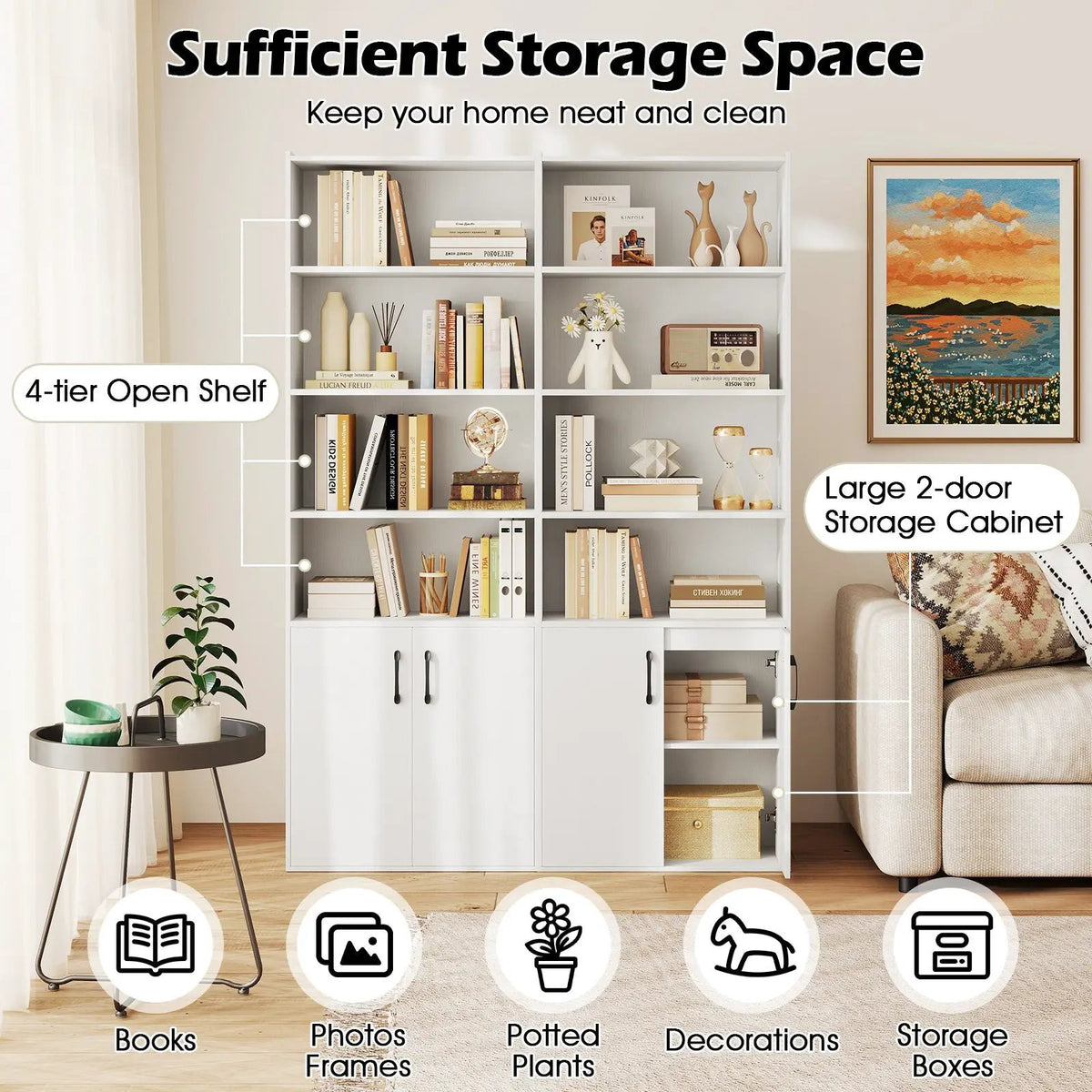 70 Inch Bookcase 6-Tier with Adjustable Shelves and 2-Door Cabinet by DirectDeals