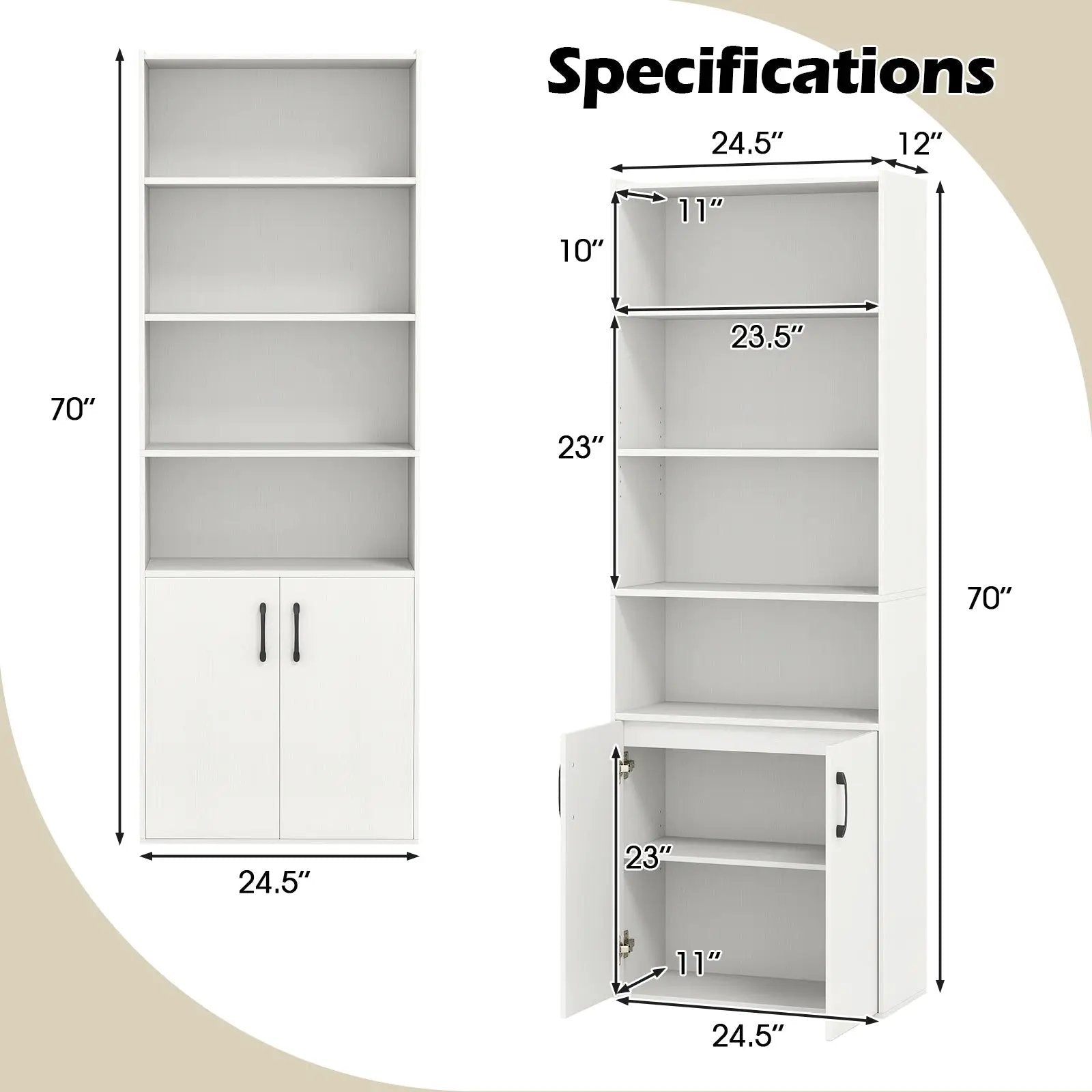 70 Inch Bookcase 6-Tier with Adjustable Shelves and 2-Door Cabinet by DirectDeals