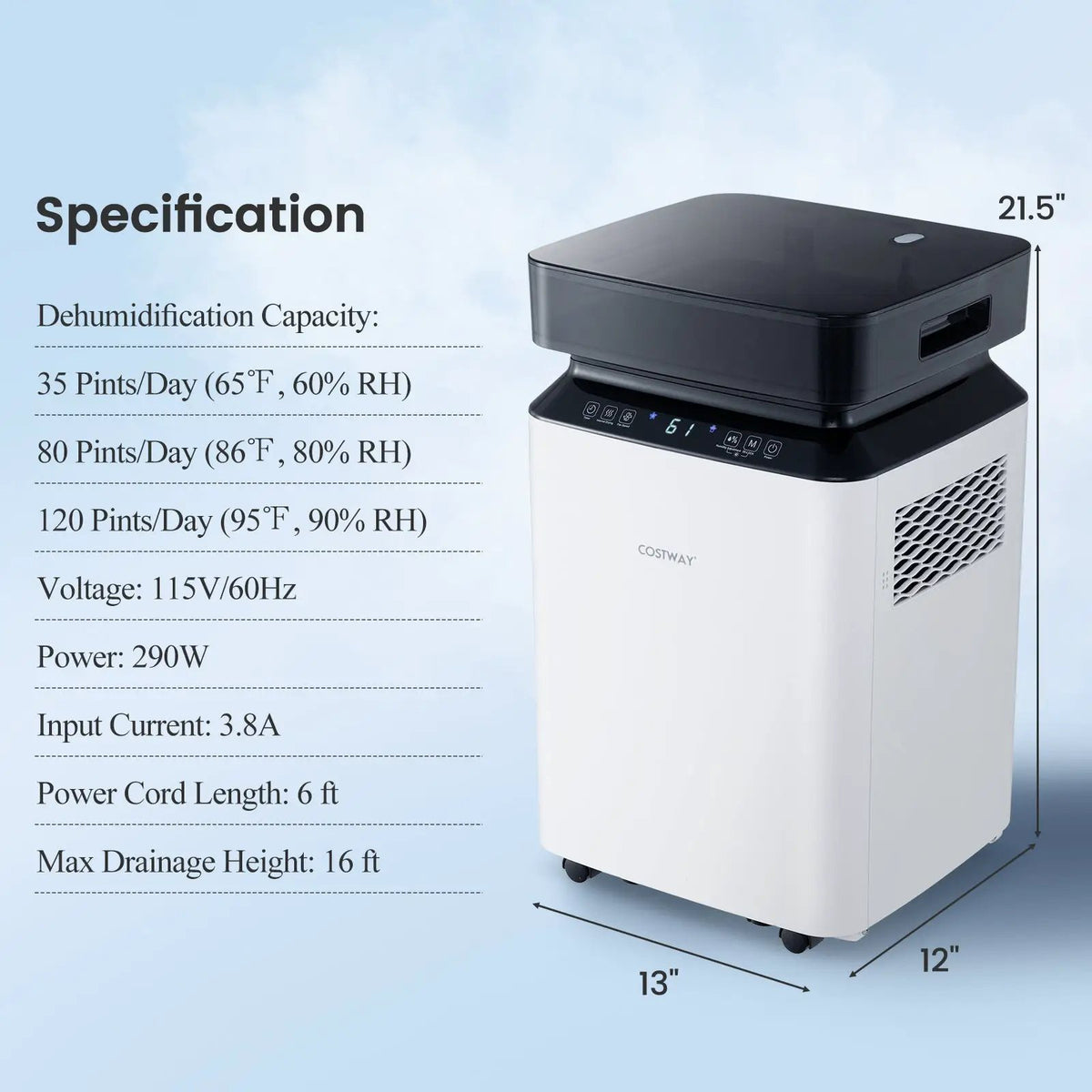 70/90 Pint 4500/6000 Sq. Ft Dehumidifier with Continuous and Auto Mode by DirectDeals