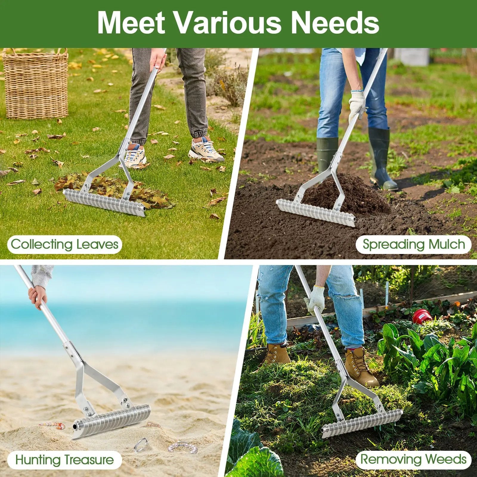 20 Inches Wide Aluminum Lawn Loosening Soil Rake with Long Handle and 19 Curved Tines by DirectDeals