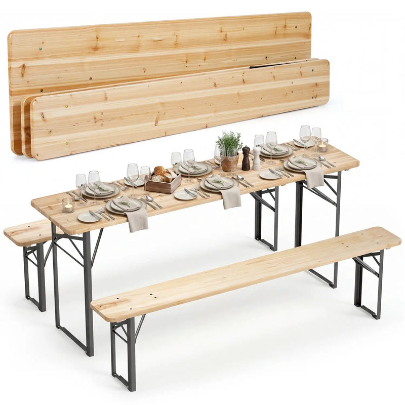 70 Inch 3-Piece Folding Picnic Table with Benches for 6 Fir Wood Portable Bear Camping Table-Black by DirectDeals