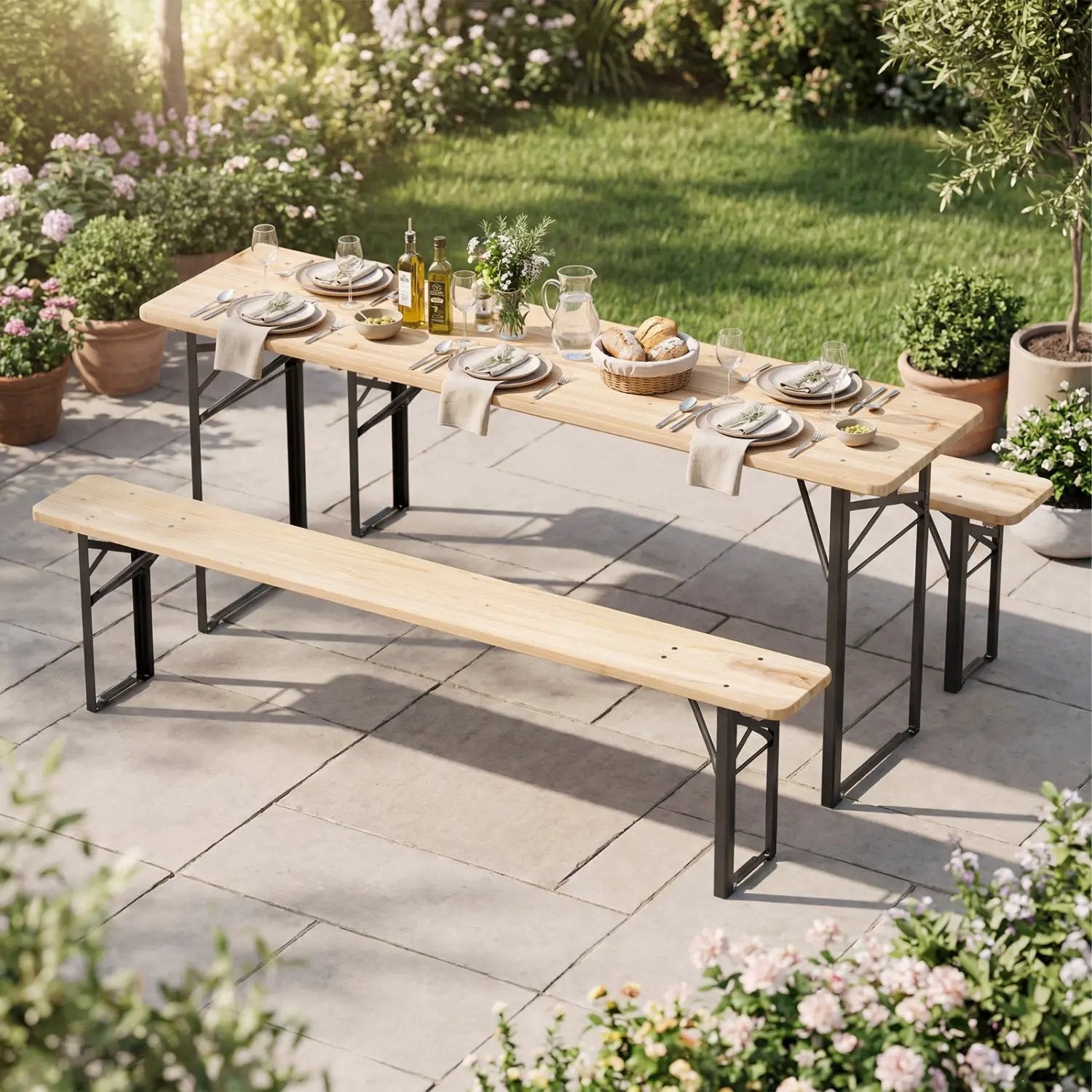 70 Inch 3-Piece Folding Picnic Table with Benches for 6 Fir Wood Portable Bear Camping Table-Black by DirectDeals