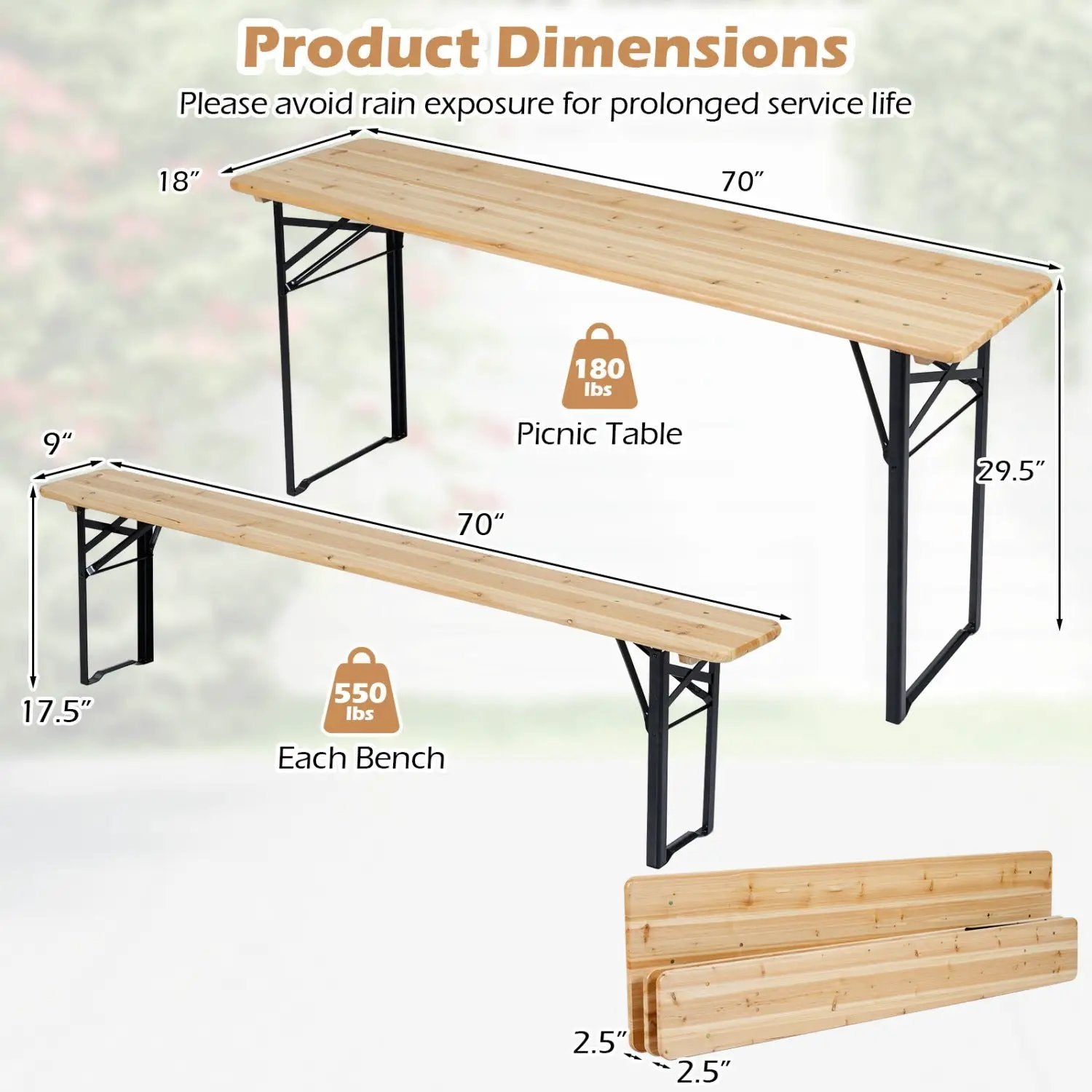 70 Inch 3-Piece Folding Picnic Table with Benches for 6 Fir Wood Portable Bear Camping Table-Black by DirectDeals