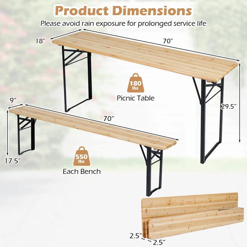 70 Inch 3-Piece Folding Picnic Table with Benches for 6 Fir Wood Portable Bear Camping Table-Black by DirectDeals
