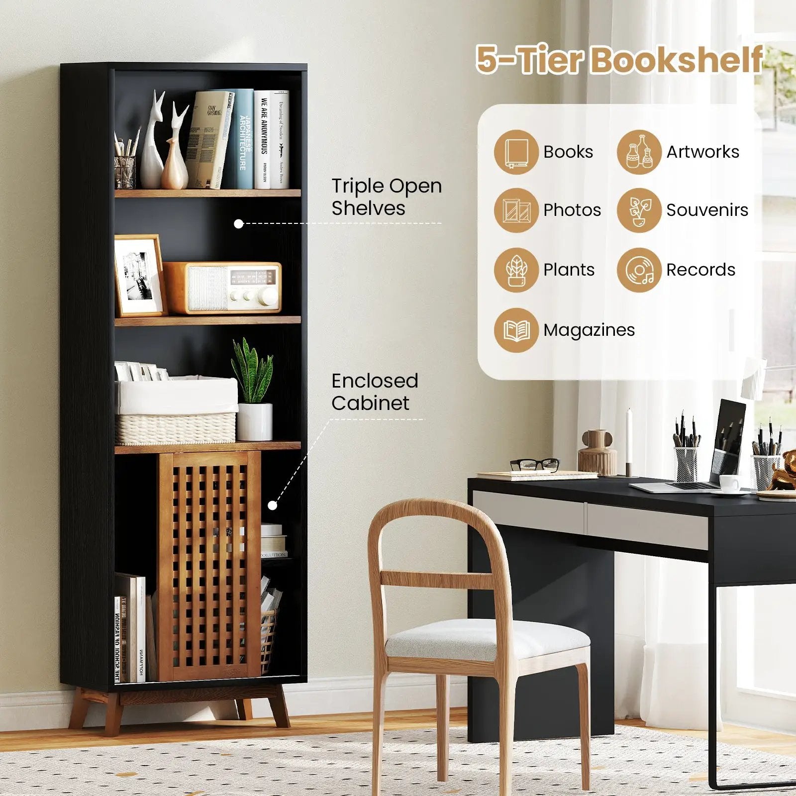 70 Inch 5-Tier Bookshelf with Reversible Adjustable Shelf-Black by DirectDeals