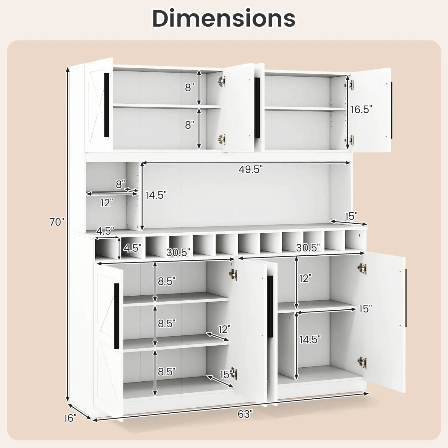 70 Inch Farmhouse Pantry Cabinet Kitchen Buffet Hutch with 4 Cabinets and 2 Open Shelves by DirectDeals