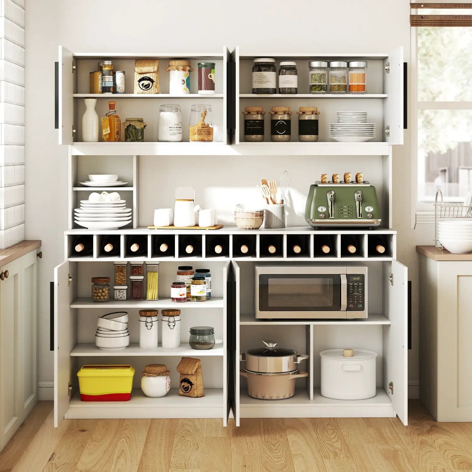 70 Inch Farmhouse Pantry Cabinet Kitchen Buffet Hutch with 4 Cabinets and 2 Open Shelves by DirectDeals