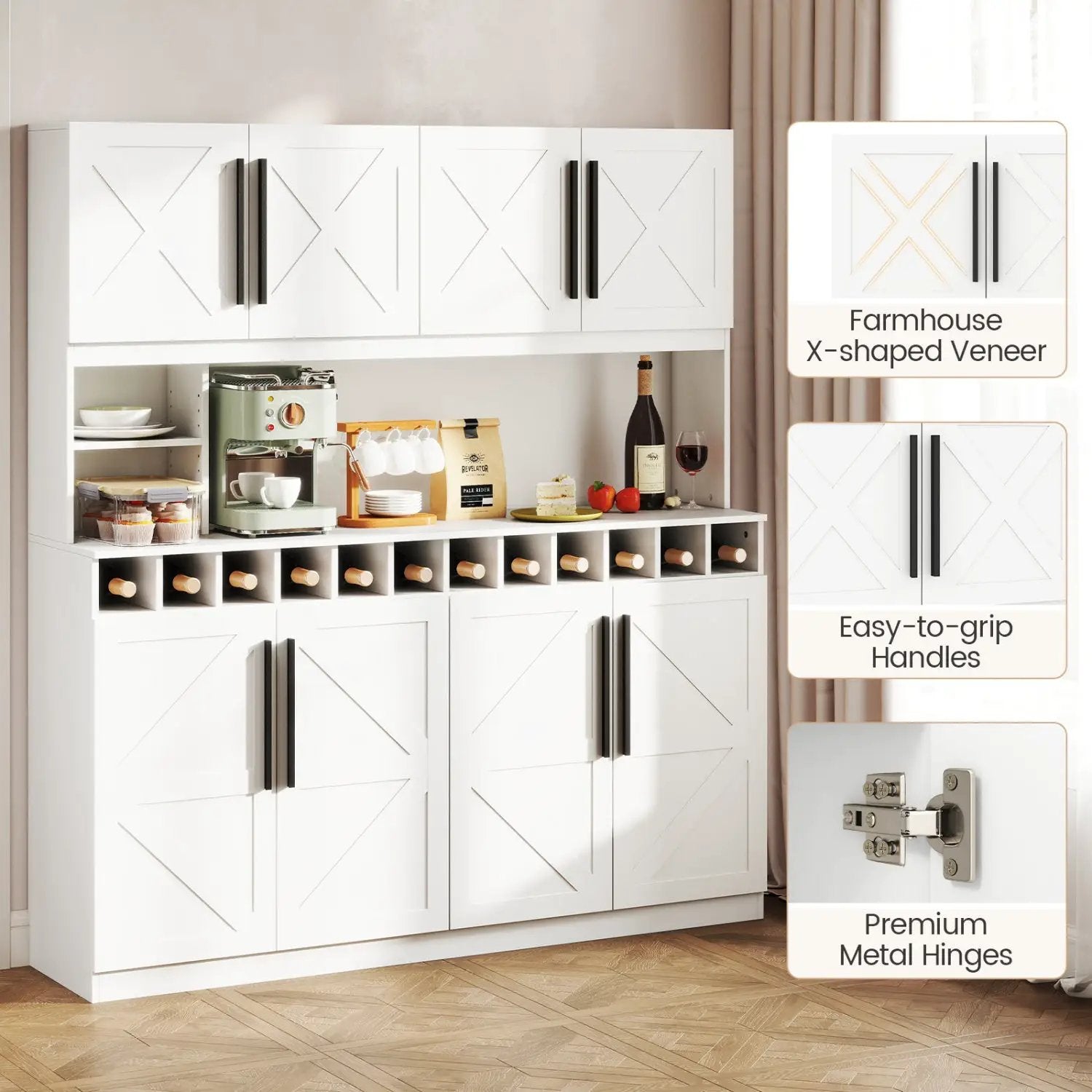 70 Inch Farmhouse Pantry Cabinet Kitchen Buffet Hutch with 4 Cabinets and 2 Open Shelves by DirectDeals