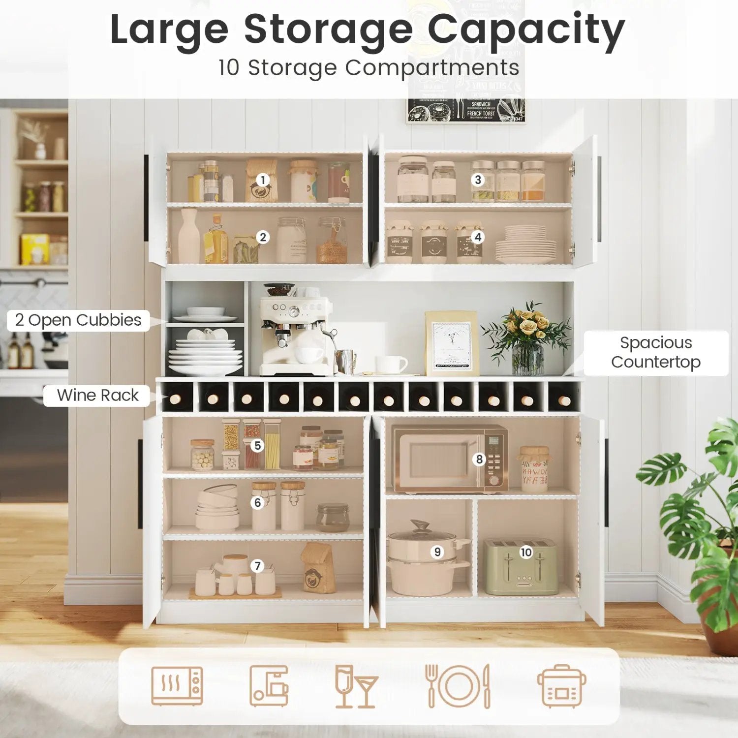 70 Inch Farmhouse Pantry Cabinet Kitchen Buffet Hutch with 4 Cabinets and 2 Open Shelves by DirectDeals