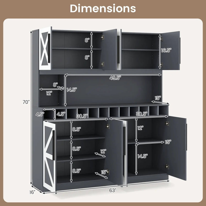 70 Inch Farmhouse Pantry Cabinet Kitchen Buffet Hutch with 4 Cabinets and 2 Open Shelves by DirectDeals