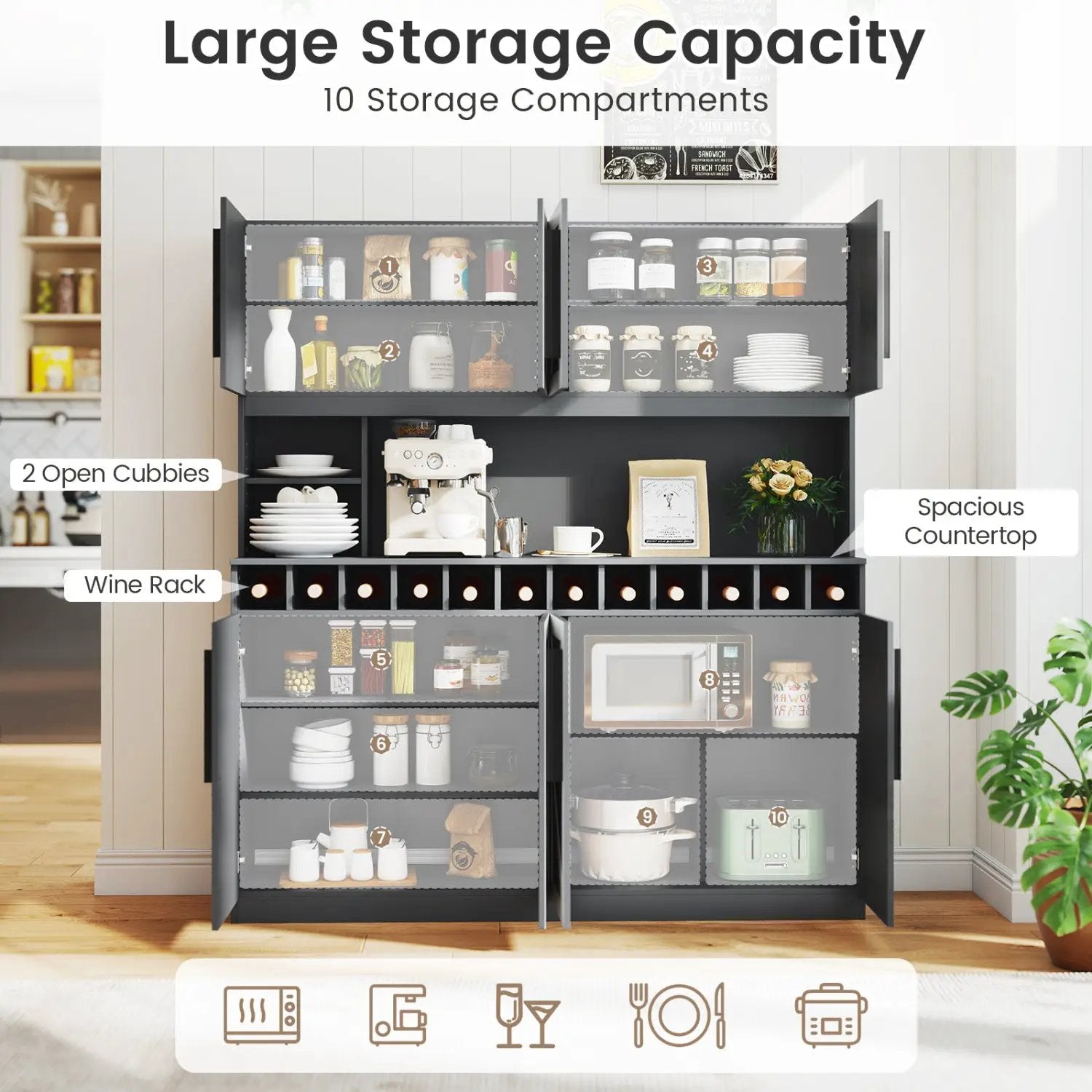 70 Inch Farmhouse Pantry Cabinet Kitchen Buffet Hutch with 4 Cabinets and 2 Open Shelves by DirectDeals