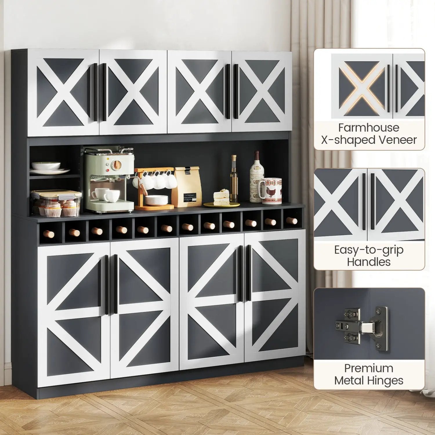 70 Inch Farmhouse Pantry Cabinet Kitchen Buffet Hutch with 4 Cabinets and 2 Open Shelves by DirectDeals