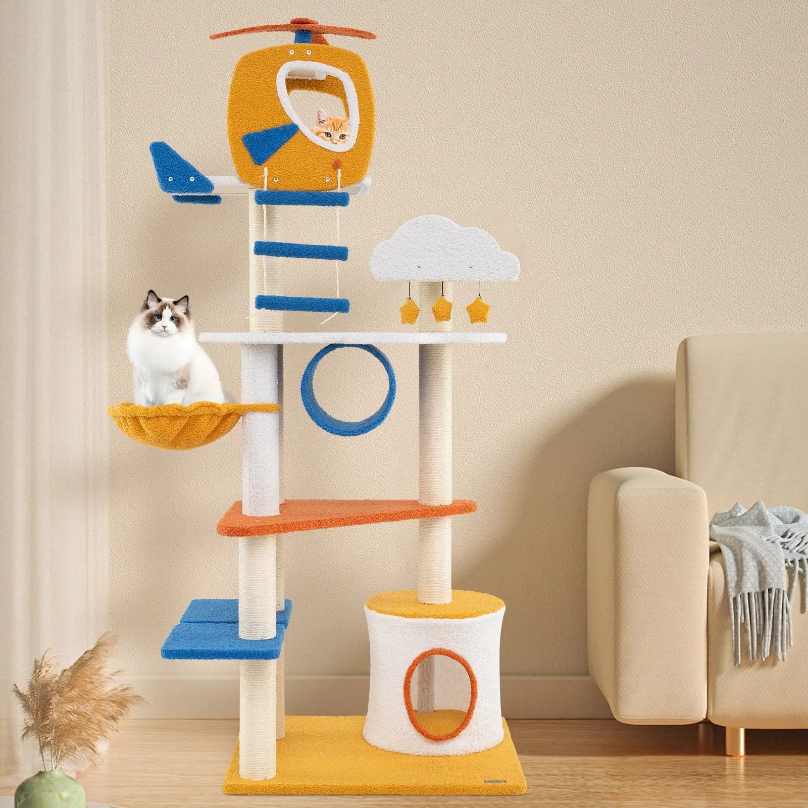 70 Inch Tall Aviation-themed Cat Tree with Helicopter Top Perch and Platforms-Yellow by DirectDeals