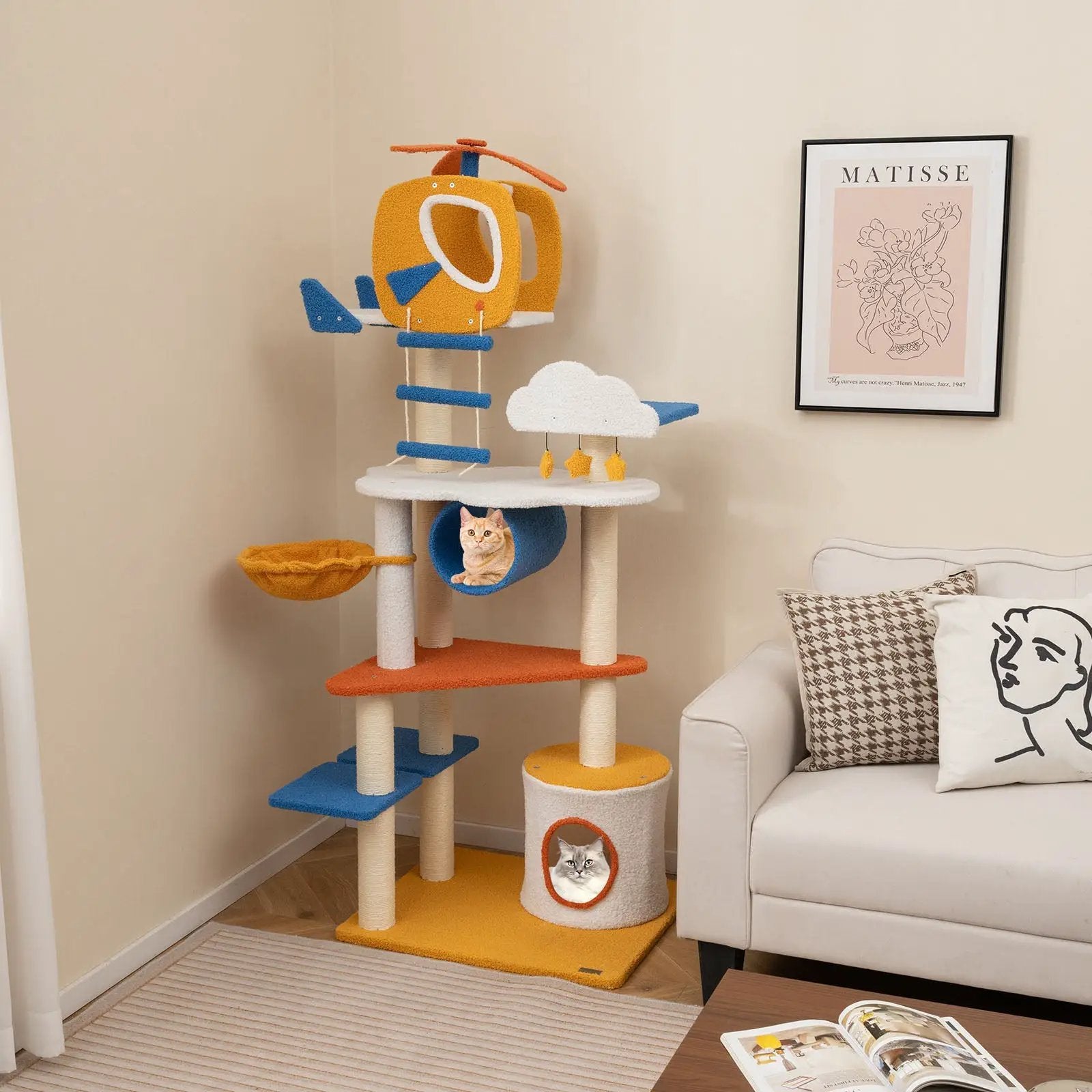 70 Inch Tall Aviation-themed Cat Tree with Helicopter Top Perch and Platforms-Yellow by DirectDeals