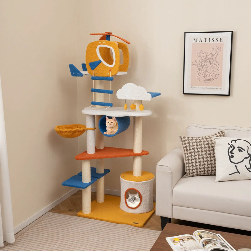 70 Inch Tall Aviation-themed Cat Tree with Helicopter Top Perch and Platforms-Yellow by DirectDeals