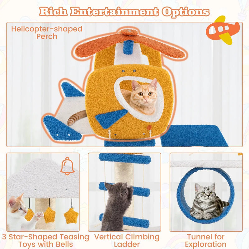 70 Inch Tall Aviation-themed Cat Tree with Helicopter Top Perch and Platforms-Yellow by DirectDeals