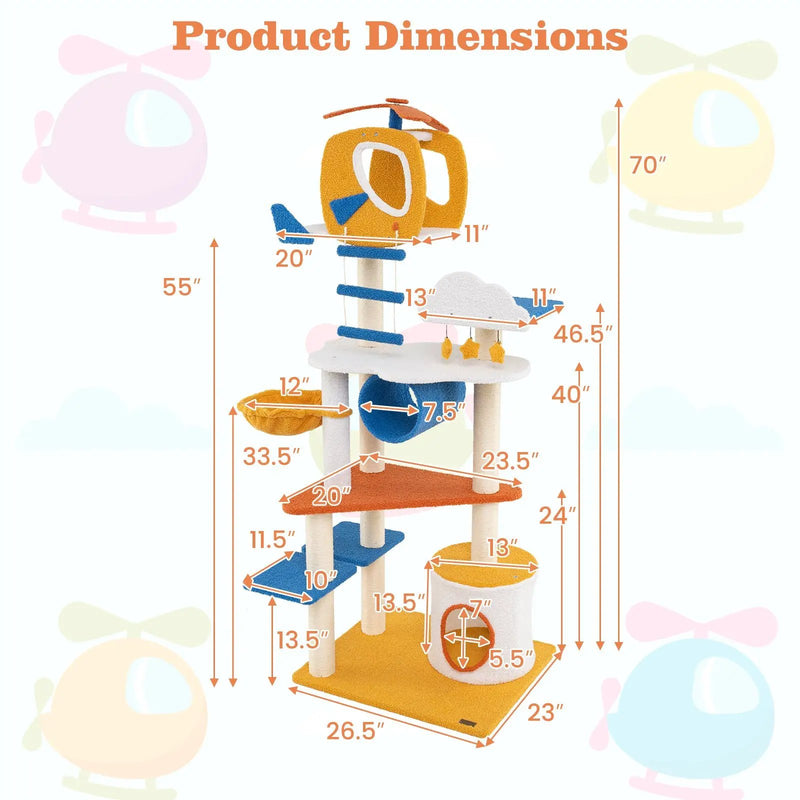 70 Inch Tall Aviation-themed Cat Tree with Helicopter Top Perch and Platforms-Yellow by DirectDeals