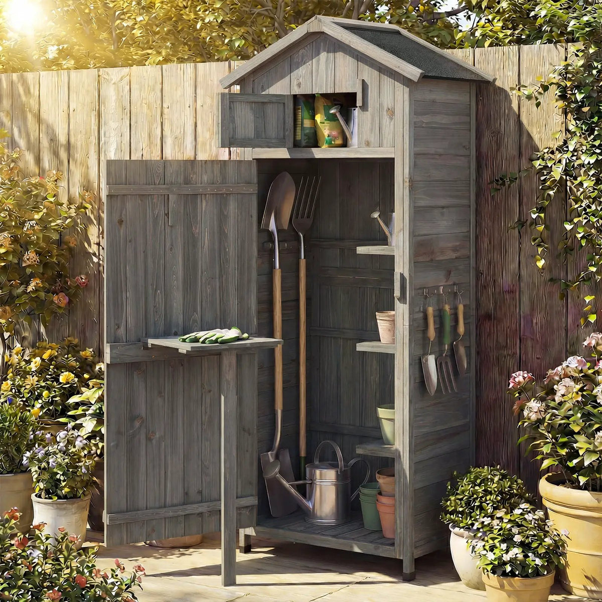 70 Inch Tall Garden Tool Storage Cabinet with Lockable Doors and Foldable Table by DirectDeals