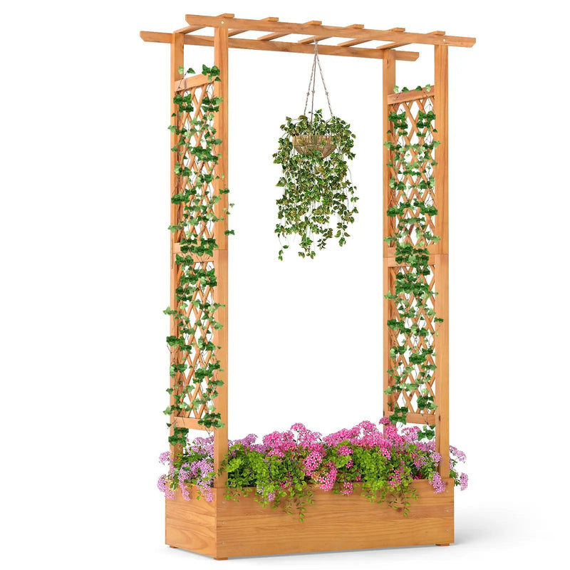 70 Inch Wooden Raised Garden Bed with Lattice Trellis-Natural by DirectDeals