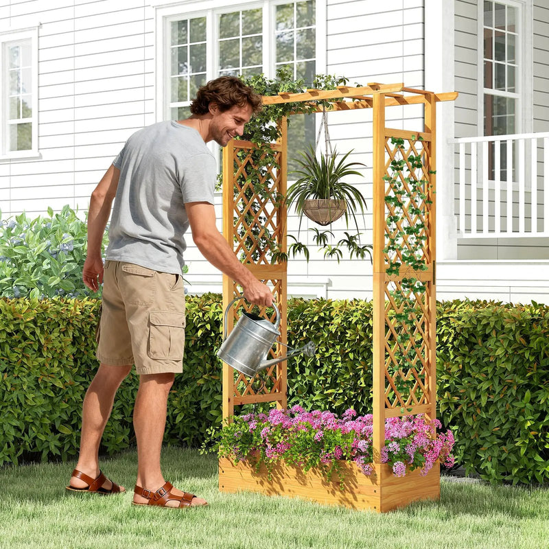 70 Inch Wooden Raised Garden Bed with Lattice Trellis-Natural by DirectDeals