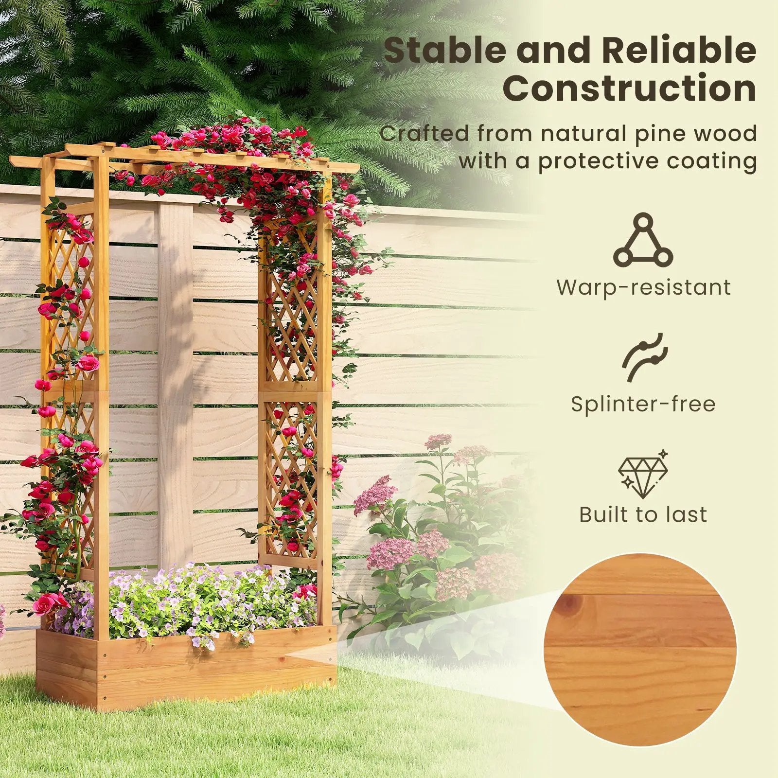 70 Inch Wooden Raised Garden Bed with Lattice Trellis-Natural by DirectDeals