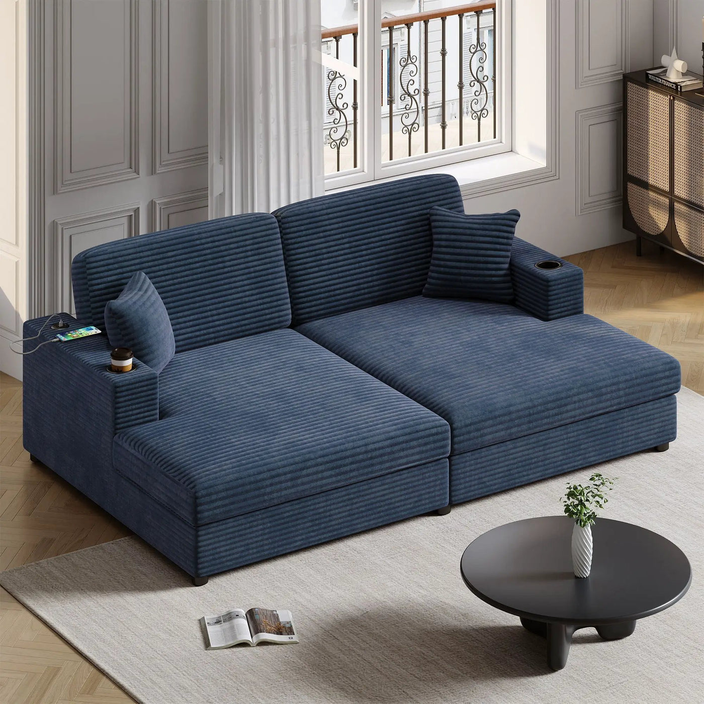 Oversized Loveseat Chaise With 2 USB Ports, 2 Cup Holders And 2 Throw Pillows by HouseOfZazla