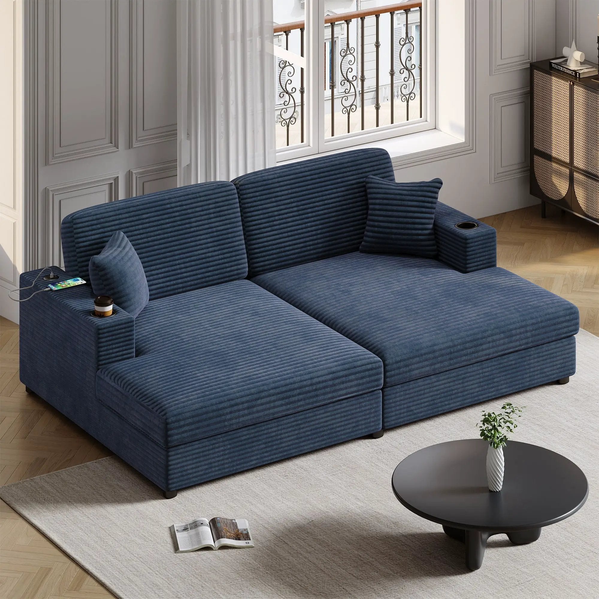 Oversized Loveseat Chaise With 2 USB Ports, 2 Cup Holders And 2 Throw Pillows by HouseOfZazla