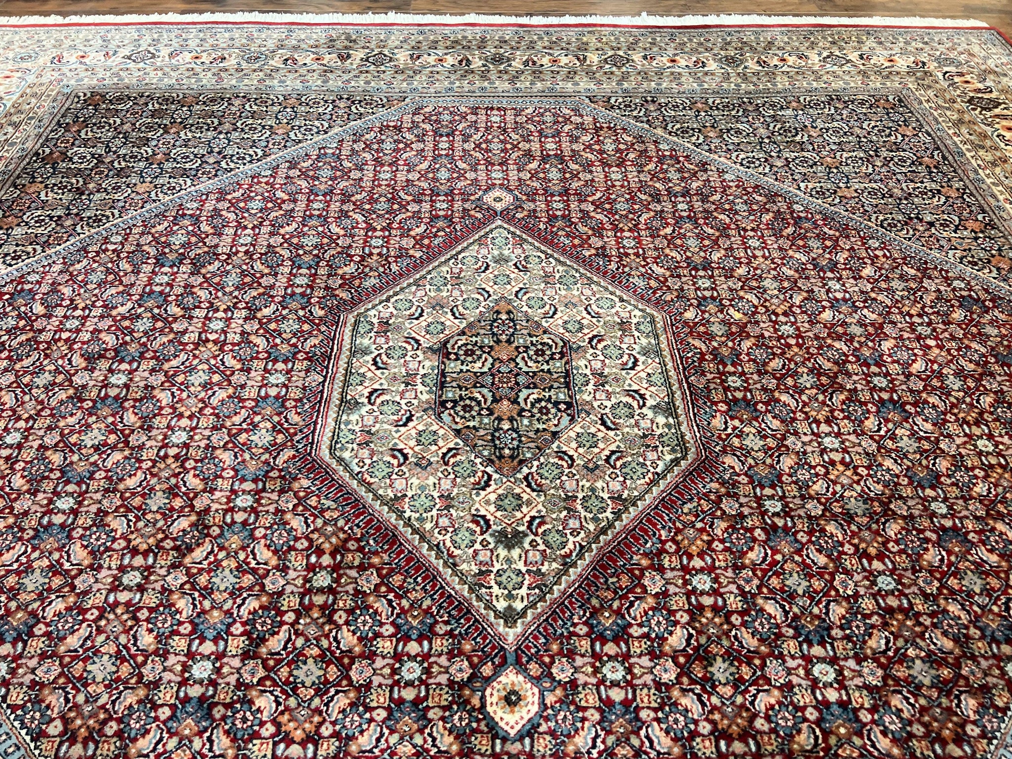 Square Indo Persian Bidjar Rug 10x10, Red, Handmade Vintage Wool Carpet by Jewel Rugs