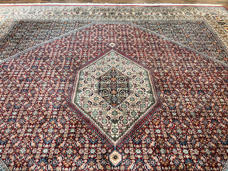 Square Indo Persian Bidjar Rug 10x10, Red, Handmade Vintage Wool Carpet by Jewel Rugs