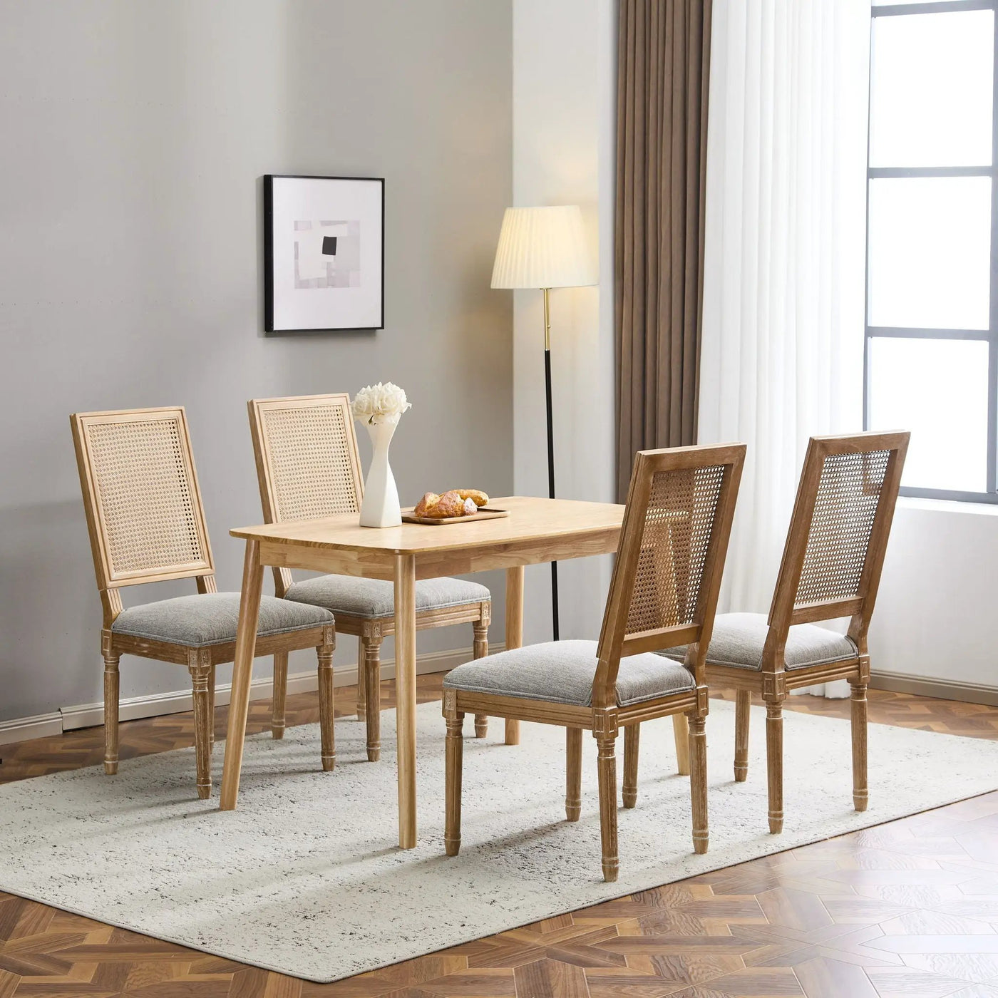 French Country Dining Chair With Rectangular Cane Backrest And Smooth Upholstered Seating by HouseOfZazla
