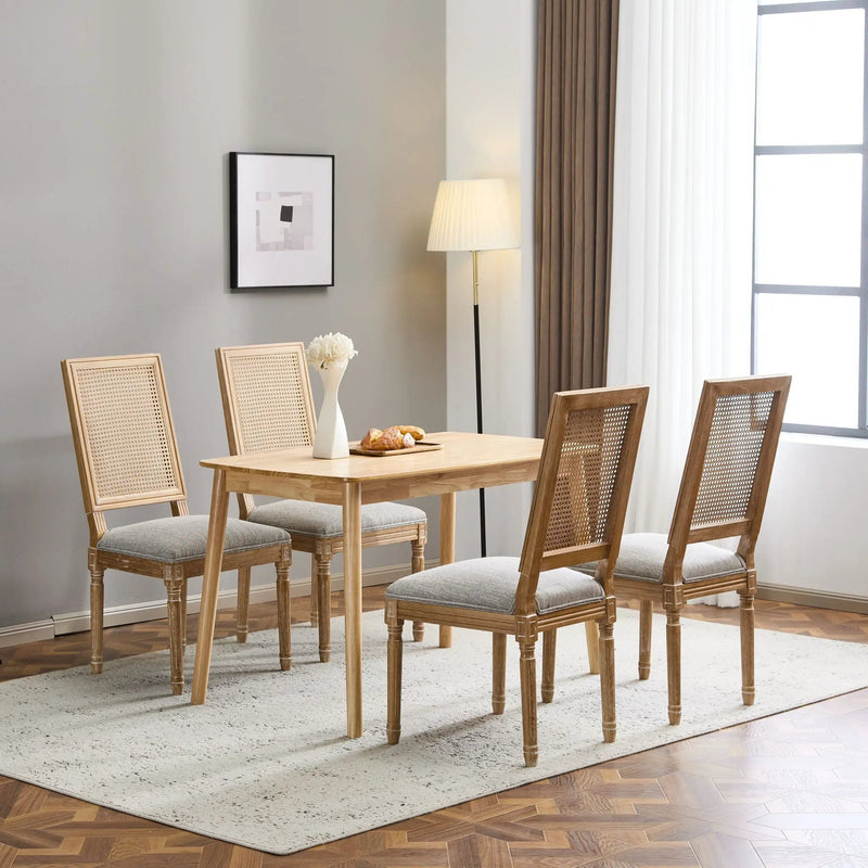 French Country Dining Chair With Rectangular Cane Backrest And Smooth Upholstered Seating by HouseOfZazla