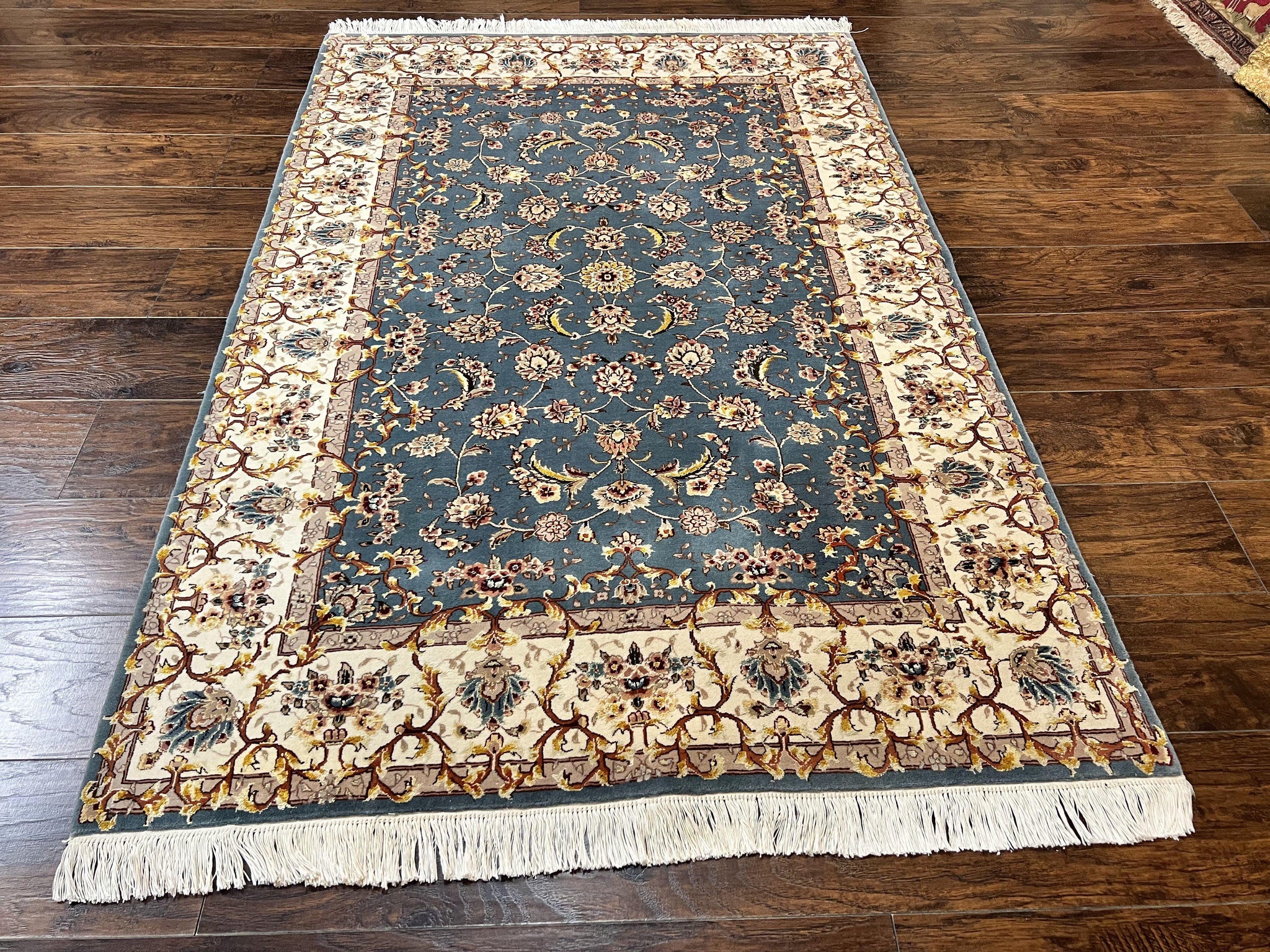 Sino Persian Rug 4x6, Very Fine Oriental Carpet, Handmade Rug 4 x 6, Floral Allover Vintage Traditional Wool & Silk Highlights, 200 KPSI by Jewel Rugs