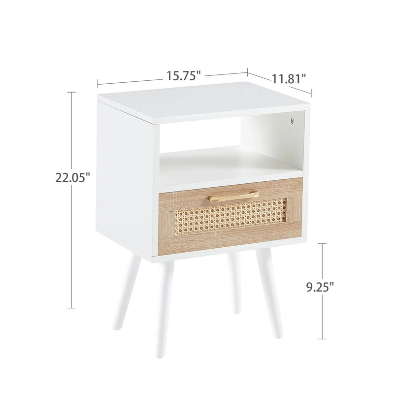 15.75" Rattan End Table With Drawer And Solid Wood Legs, Modern Nightstand, Side Table For Living Room, Bedroom by HouseOfZazla