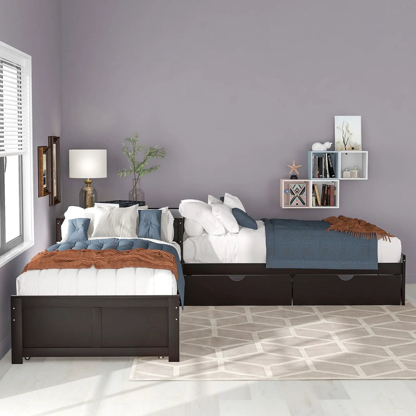 L Shaped Platform Bed With Trundle And Drawers Linked With Built In Desk by HouseOfZazla