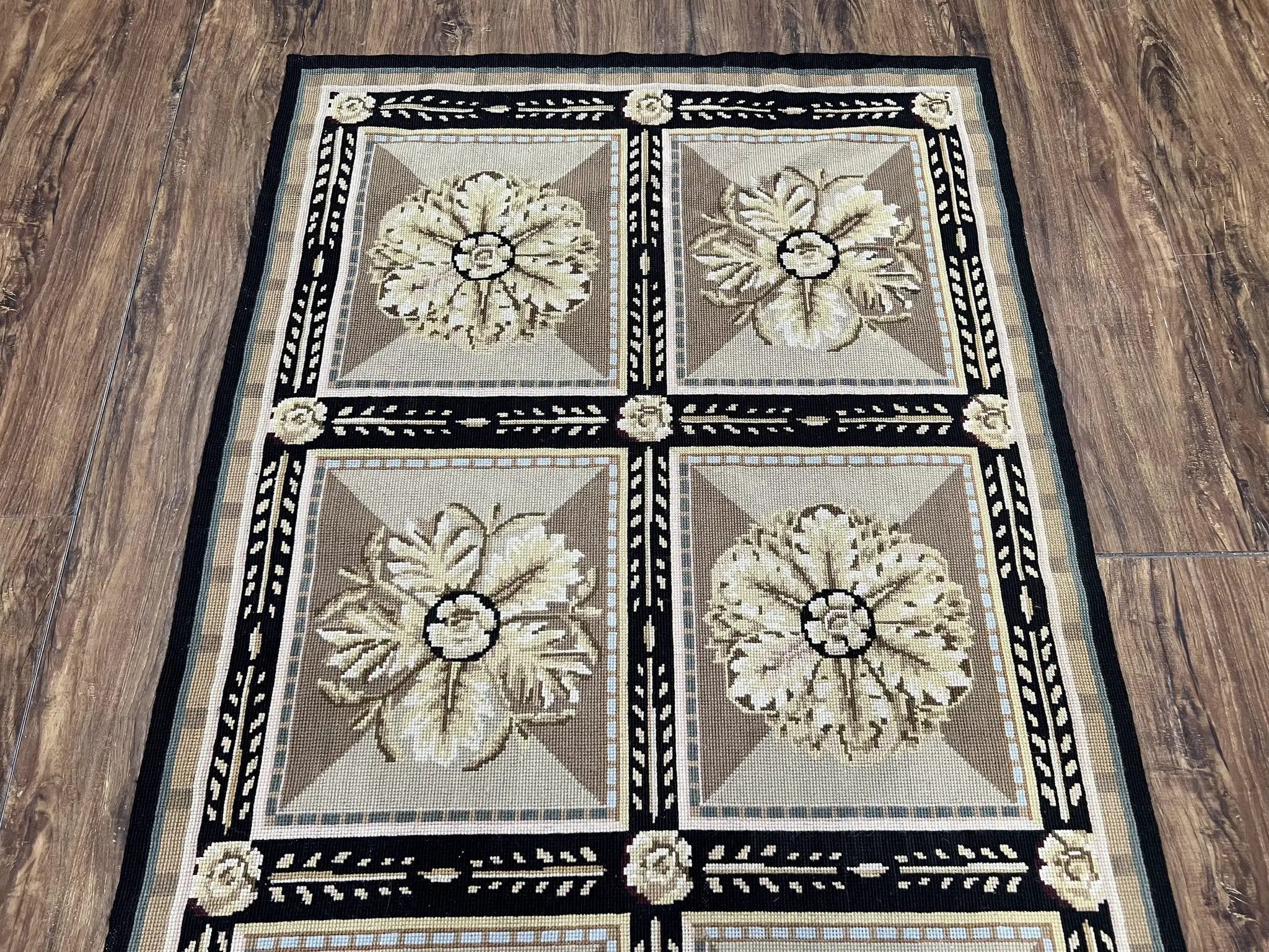 Needlepoint Runner Rug 3x8 Panel Design Rug, Flatweave Runner Rug, English Design, Floral, Short Runner Rug, Black and Beige Wool Hand-Woven by Jewel Rugs
