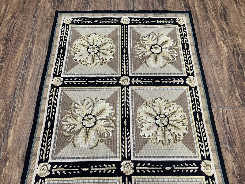 Needlepoint Runner Rug 3x8 Panel Design Rug, Flatweave Runner Rug, English Design, Floral, Short Runner Rug, Black and Beige Wool Hand-Woven by Jewel Rugs