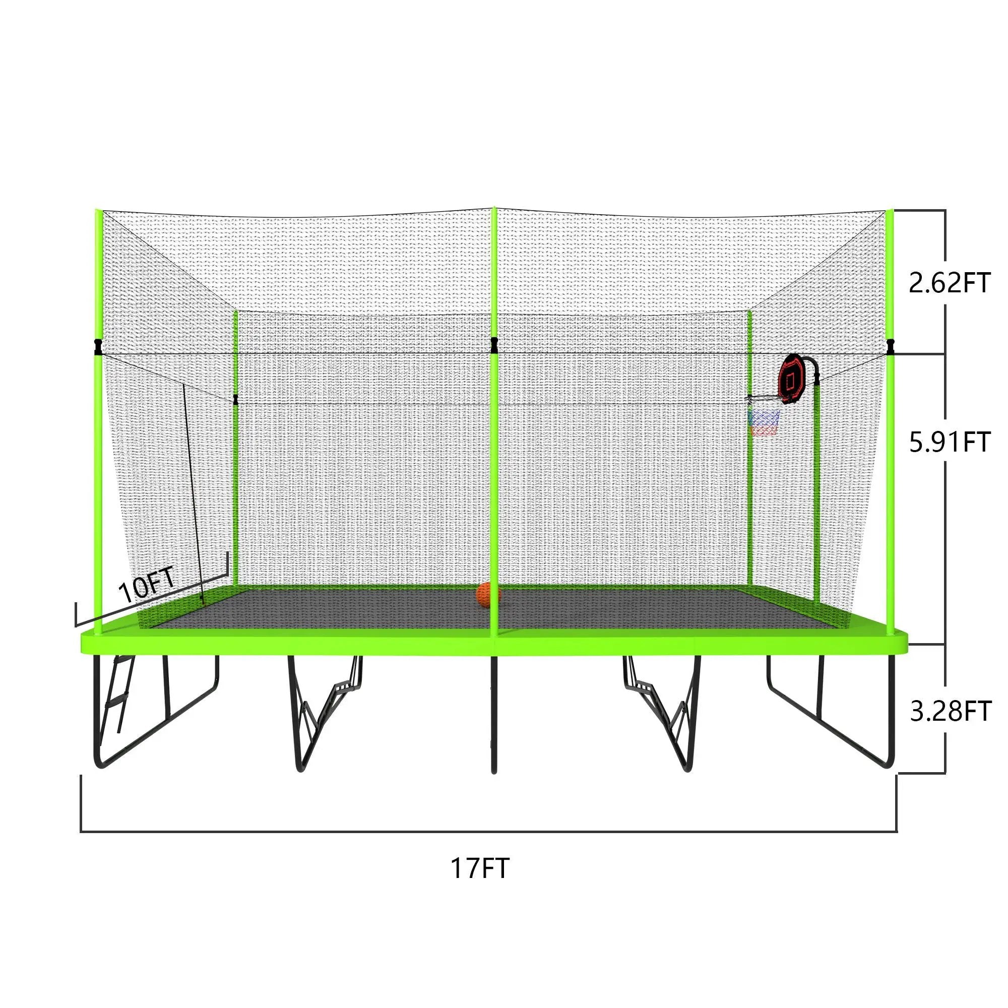 10Ft By 17Ft Rectangule Trampoline With Powder-Coated Galvanized Steel Tubes With Basketball Hoop System Advanced Ladder - Green by HouseOfZazla