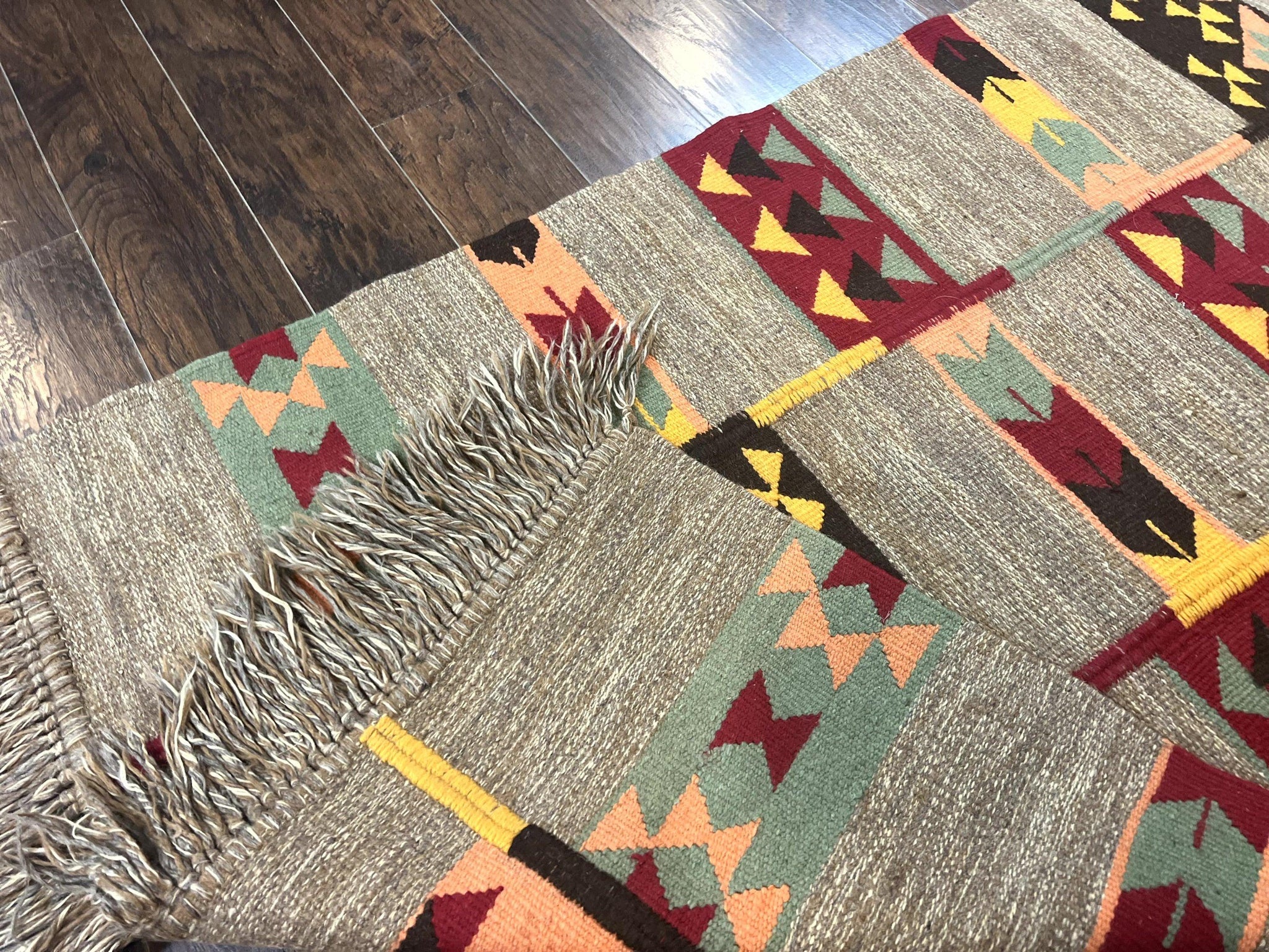 South American Flatweave Rug, Gray, Handmade Vintage Wool Bohemian Blanket by Jewel Rugs