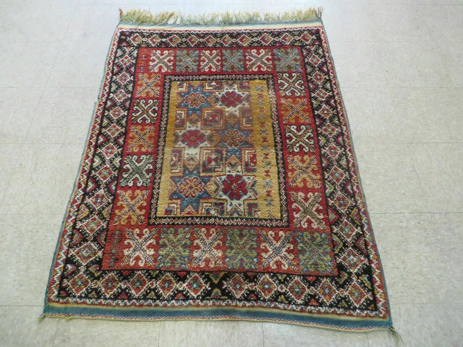 Vintage Moroccan Rug 4x5 ft, Bronze Red Black, Geometric Stars, High Quality Moroccan Carpet, Berber Rug, Handmade Wool Area Rug, Unique Rug by Jewel Rugs