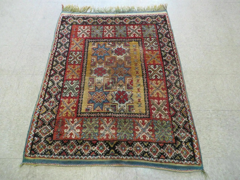 Vintage Moroccan Rug 4x5 ft, Bronze Red Black, Geometric Stars, High Quality Moroccan Carpet, Berber Rug, Handmade Wool Area Rug, Unique Rug by Jewel Rugs