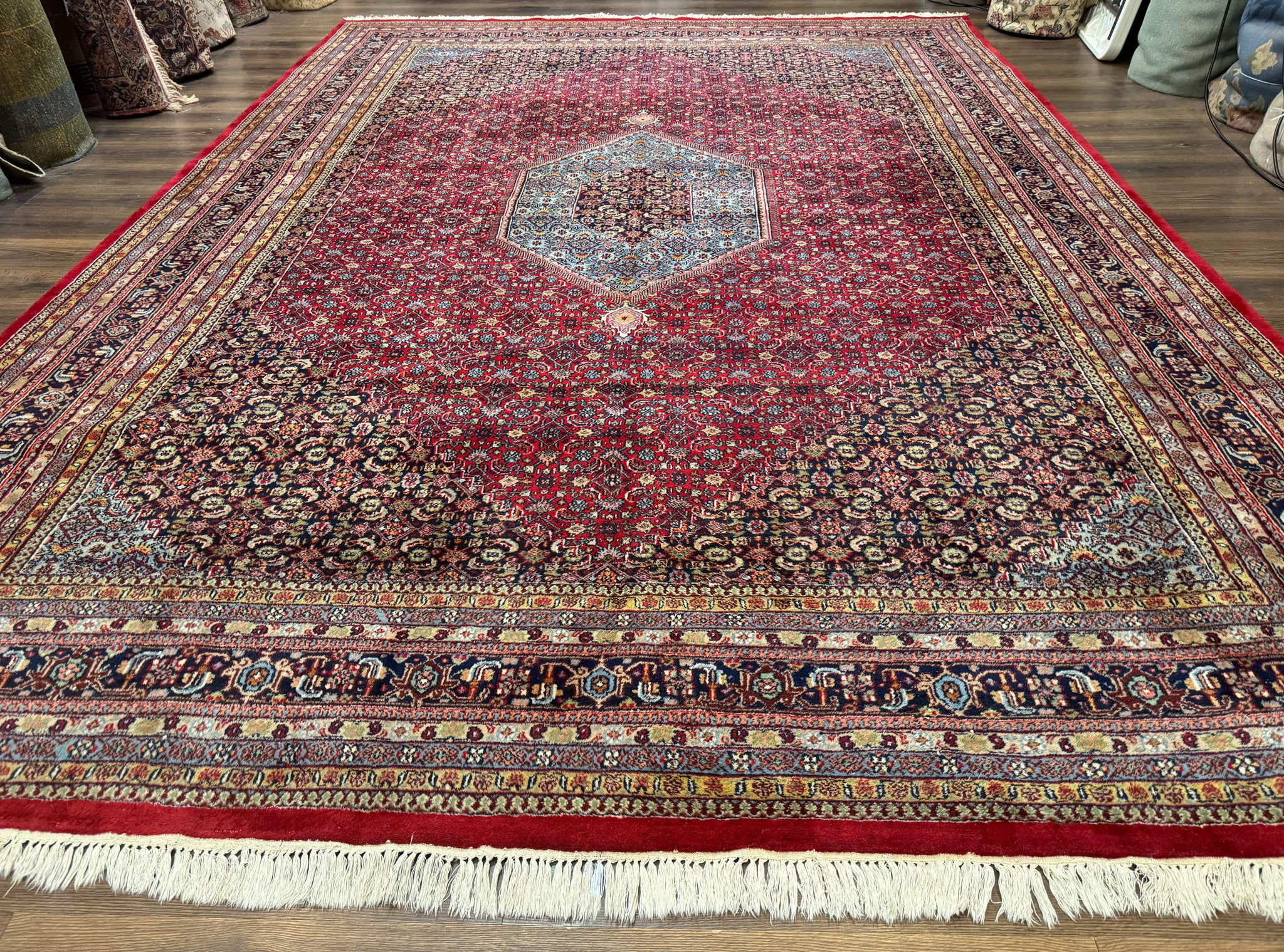 Indo Persian Bidjar Rug 10x14, Red and Dark Blue, Herati Mahi Pattern, Vintage by Jewel Rugs