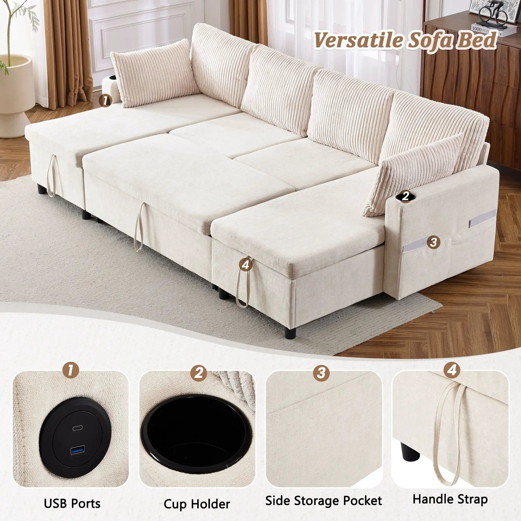 Sectional Sofa Bed With Pull Out Sleeper, USB Ports, Cup Holders by Unique Piece Furniture