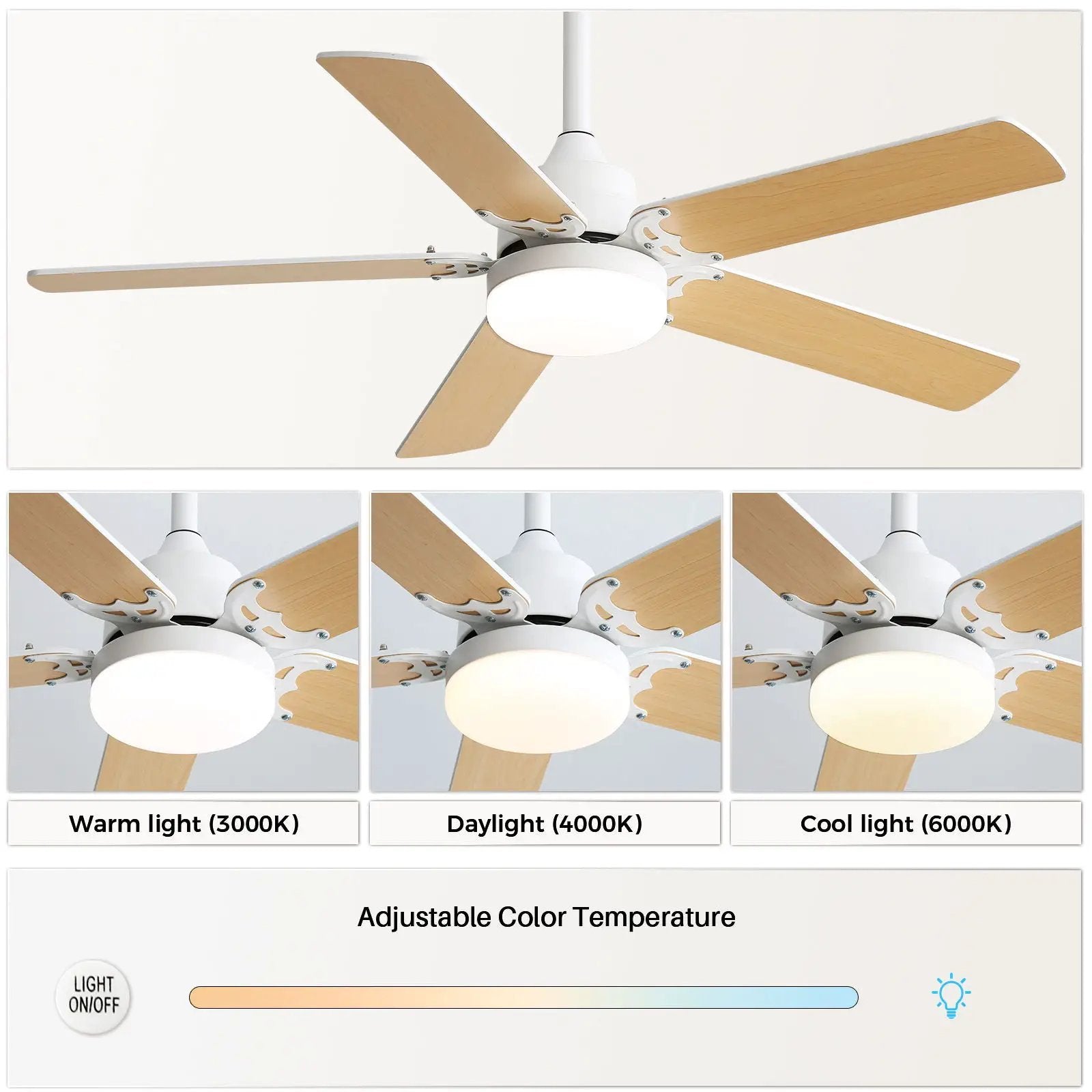Modern Ceiling Fan With 3 Color Dimmable Light 5 Blades Remote Control Reversible Dc Motor - White by Unique Piece Furniture