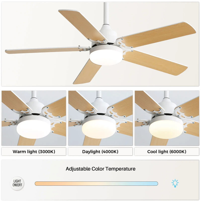 Modern Ceiling Fan With 3 Color Dimmable Light 5 Blades Remote Control Reversible Dc Motor - White by HouseOfZazla