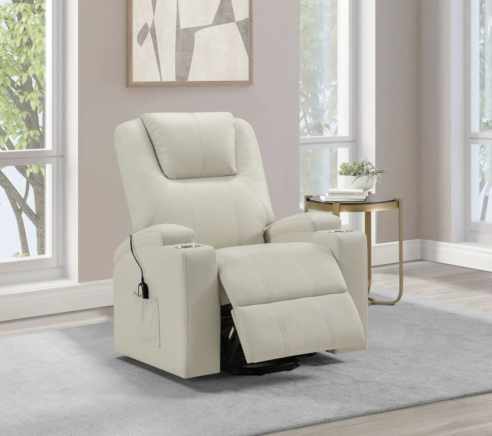 Armstrong Upholstered Power Lift Massage Recliner Ivory by Unique Piece Furniture
