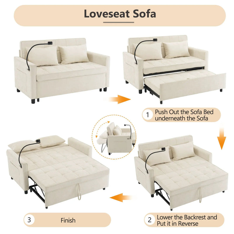 Pull-Out Sleeper Sofa With Reversible Backrest Cushion, Side Pockets, 2 USB Ports And A Phone Holder For Living Room by HouseOfZazla